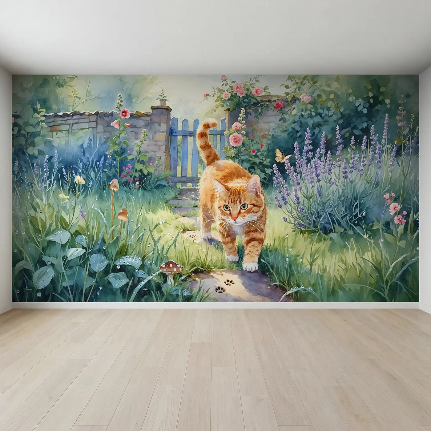Full view of Ginger Cat Garden Morning Wallpaper Mural by Whimsy Tots