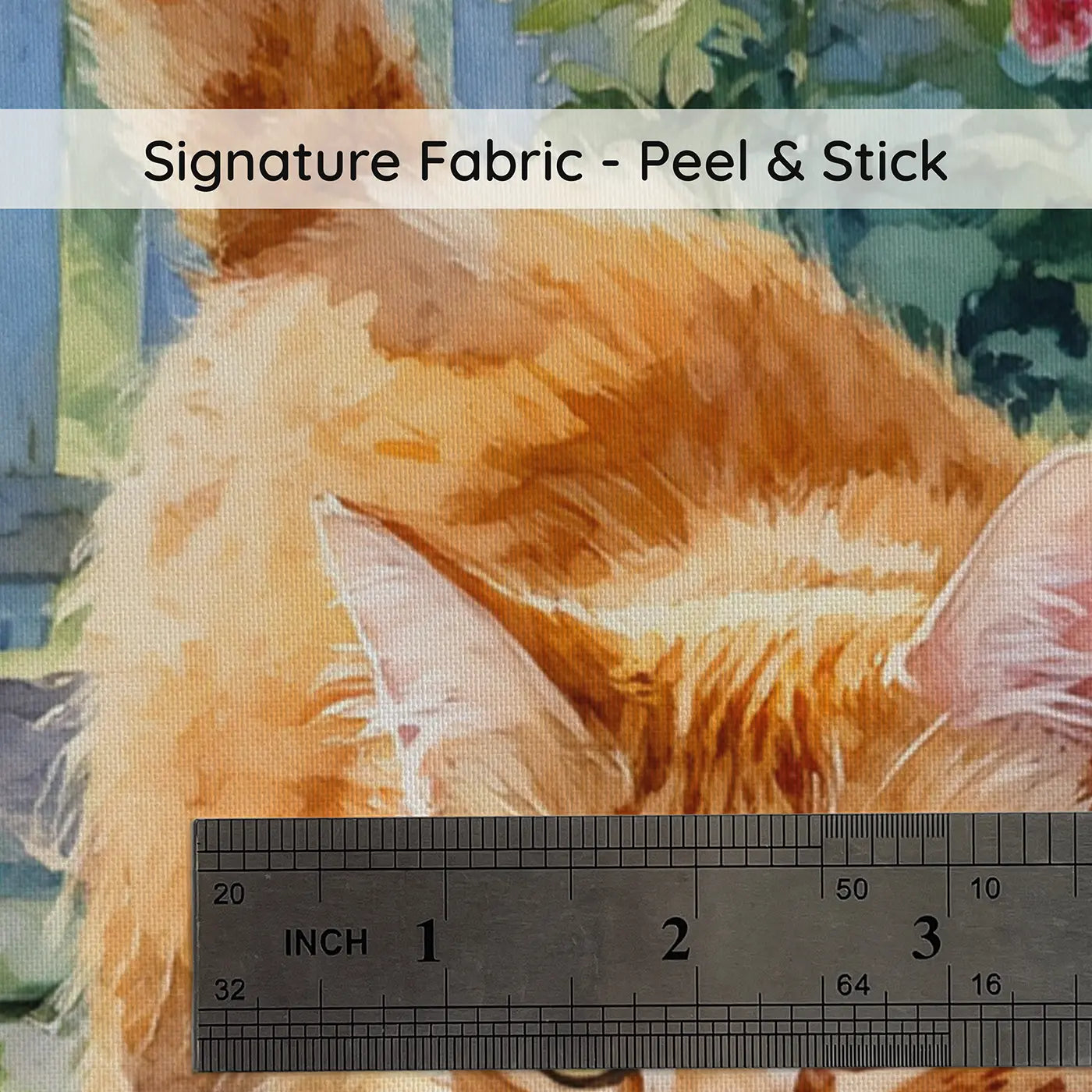 Fabric texture close-up of Ginger Cat Garden Morning Wallpaper Mural by Whimsy Tots