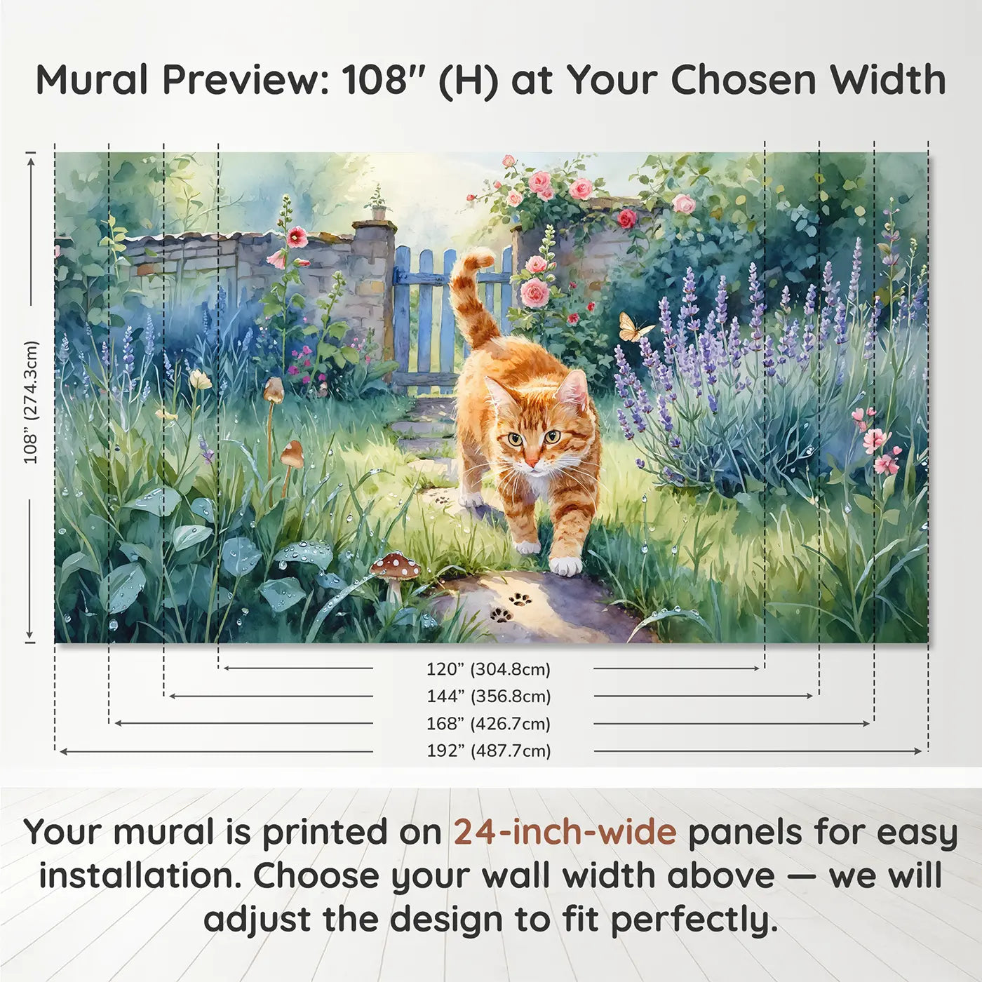 Panel layout and dimensions for Ginger Cat Garden Morning Wallpaper Mural by Whimsy Tots