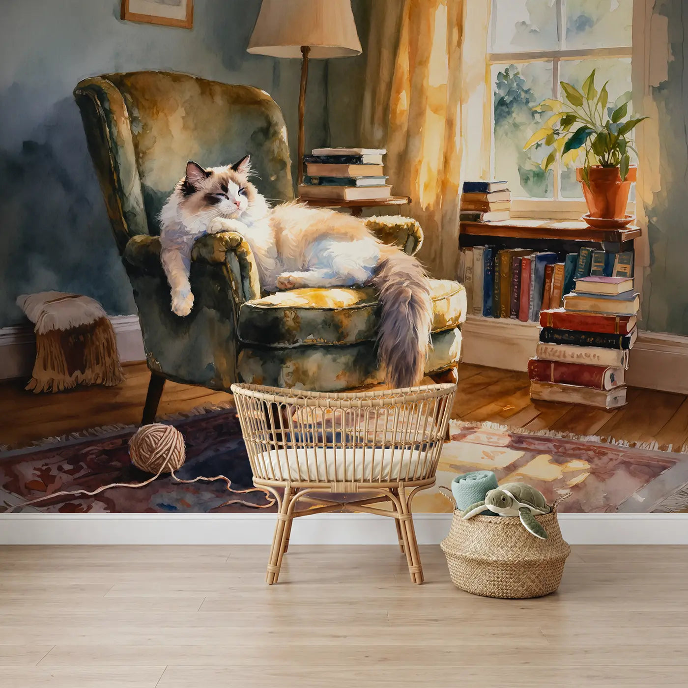Watercolor lazy ragdoll cat cushions wallpaper mural for boys room by Whimsy Tots
