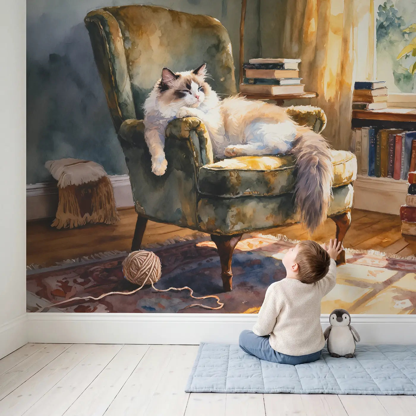 Child in nursery with Lazy Ragdoll Cat Wallpaper Mural by Whimsy Tots