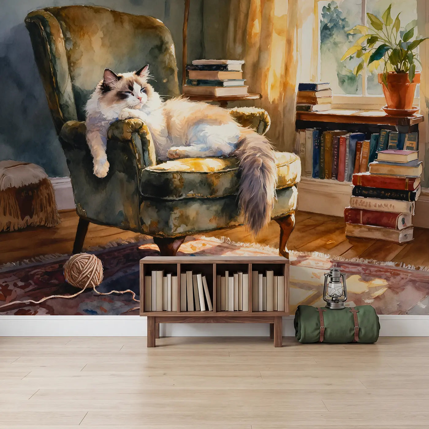 Lazy Ragdoll Cat Wallpaper Mural in playroom setting by Whimsy Tots