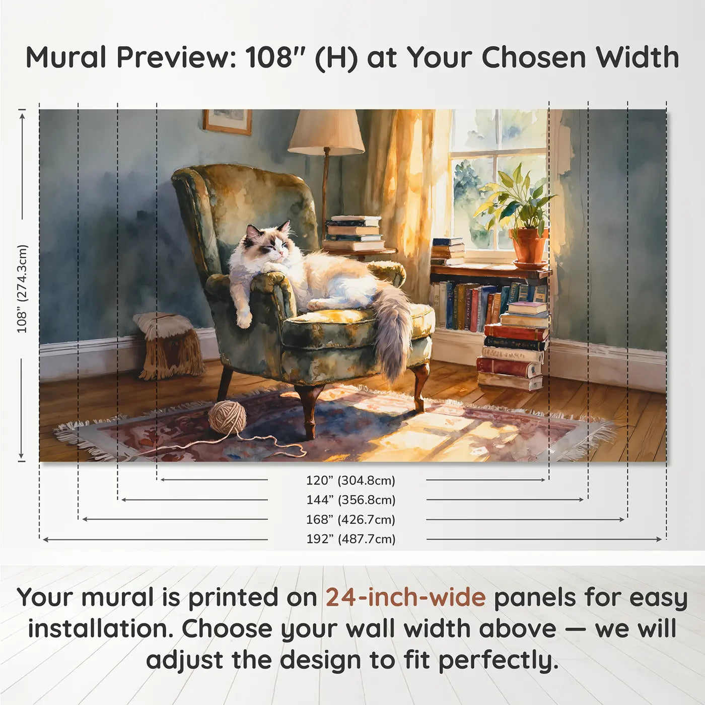 Panel layout and dimensions for Lazy Ragdoll Cat Wallpaper Mural by Whimsy Tots