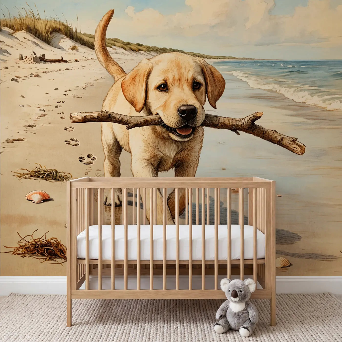 storybook labrador puppy beach driftwood stick wallpaper mural for nursery by Whimsy Tots