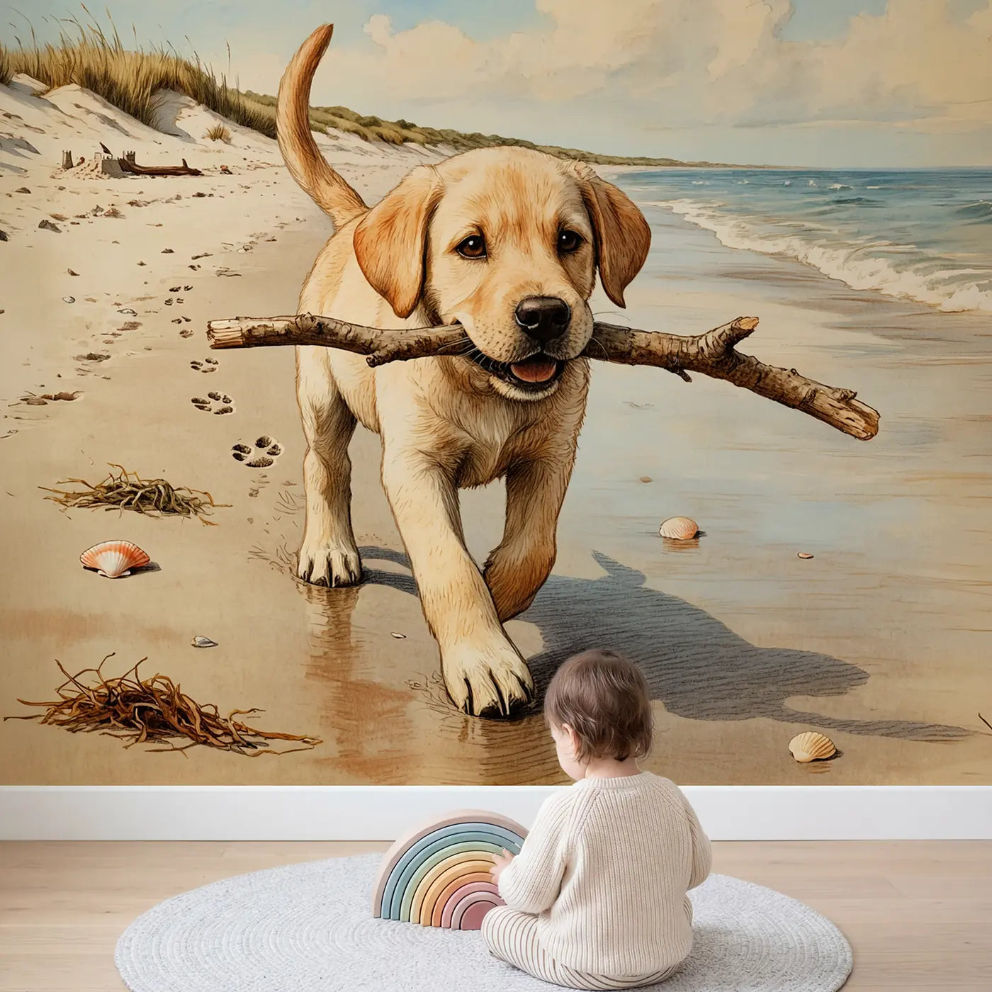Child in nursery with Labrador Puppy Beach Stick Wallpaper Mural by Whimsy Tots