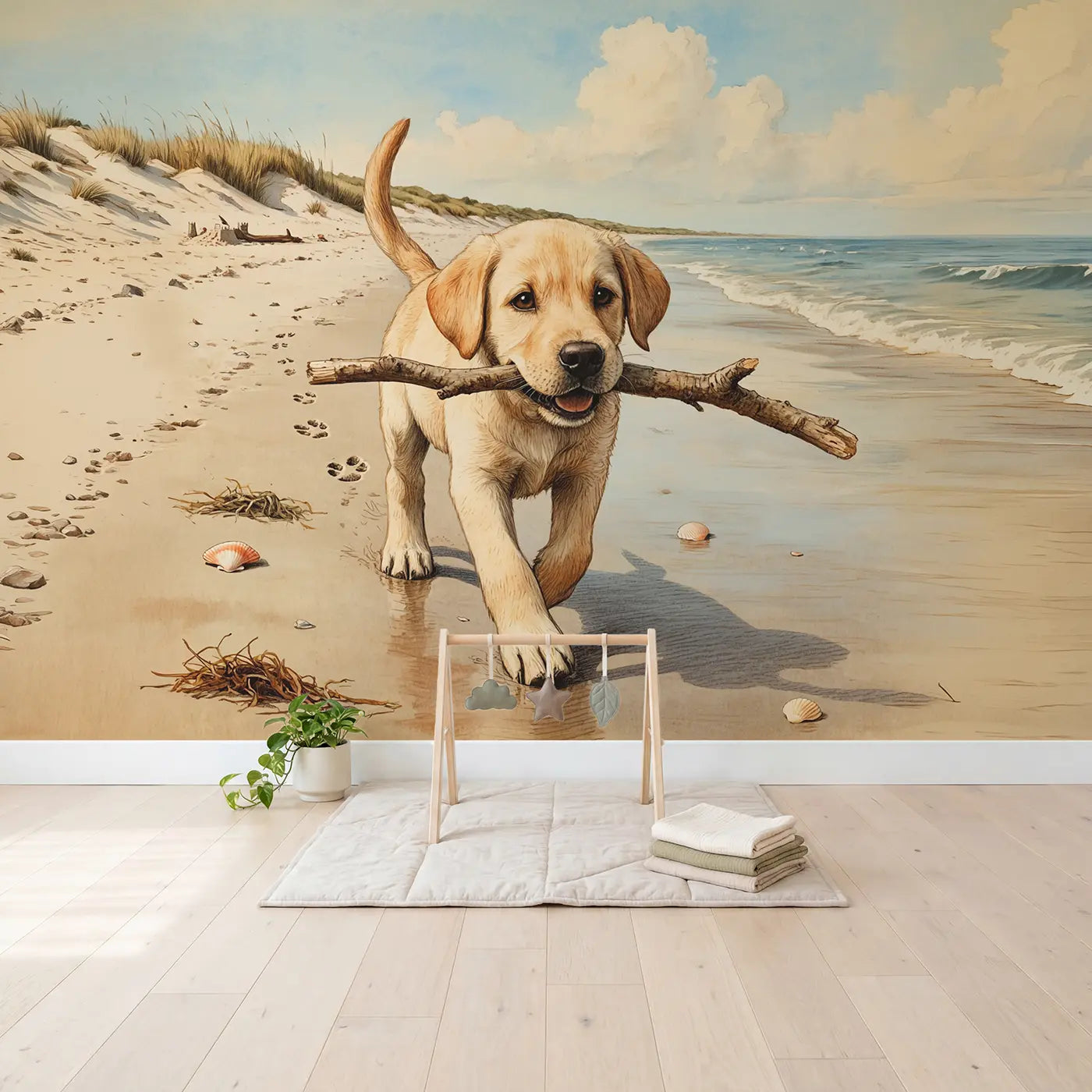Labrador Puppy Beach Stick Wallpaper Mural in playroom setting by Whimsy Tots