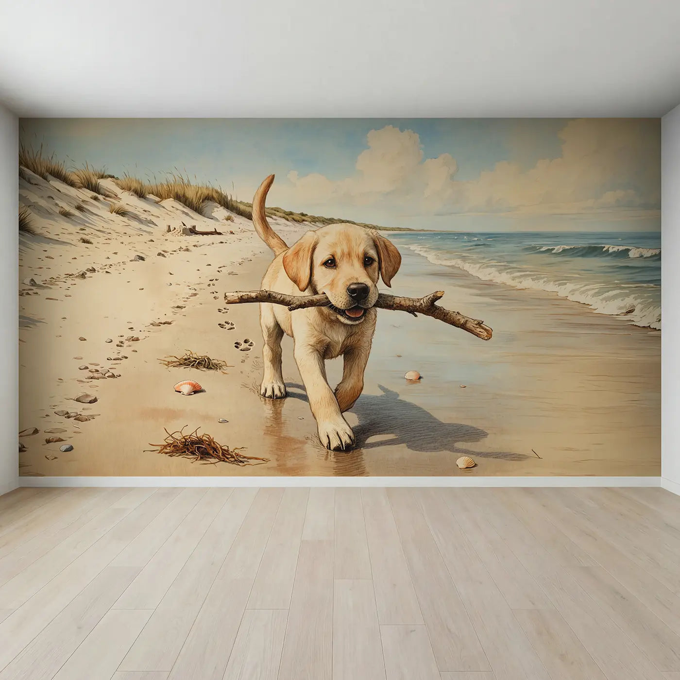 Full view of Labrador Puppy Beach Stick Wallpaper Mural by Whimsy Tots