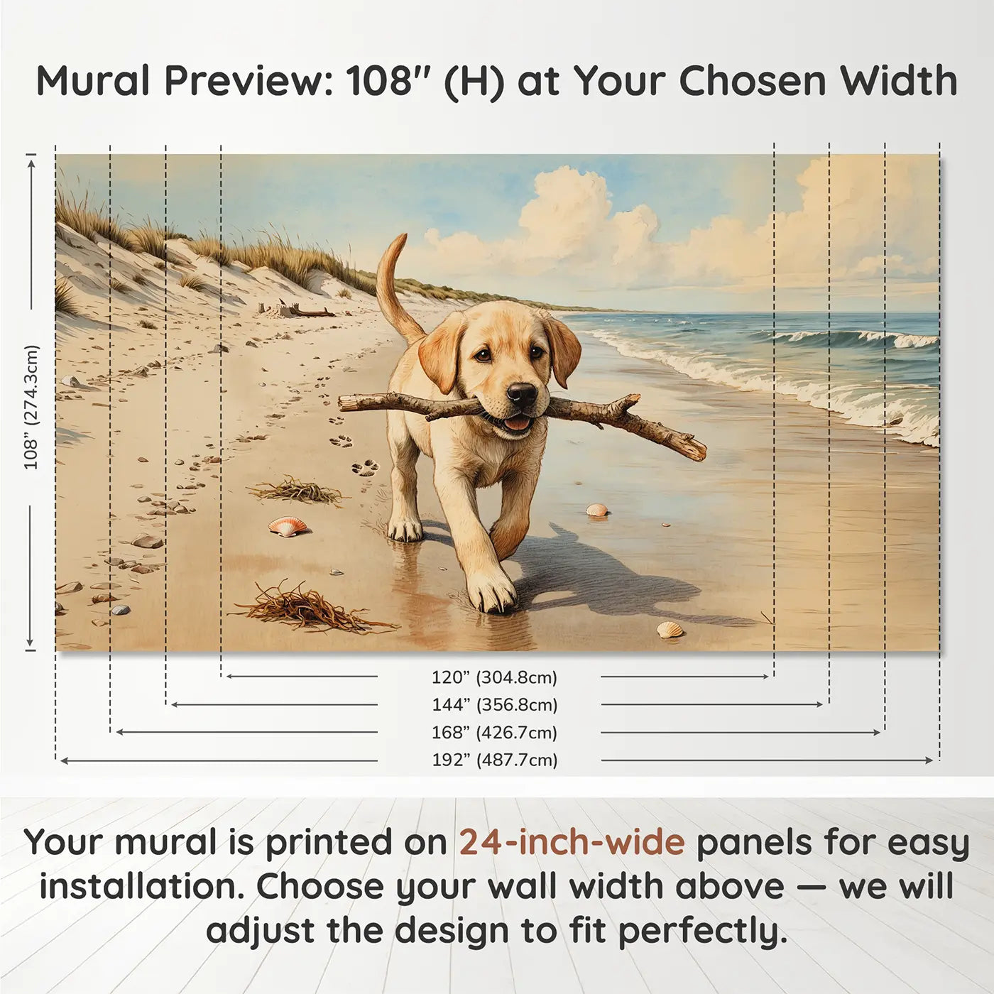 Panel layout and dimensions for Labrador Puppy Beach Stick Wallpaper Mural by Whimsy Tots