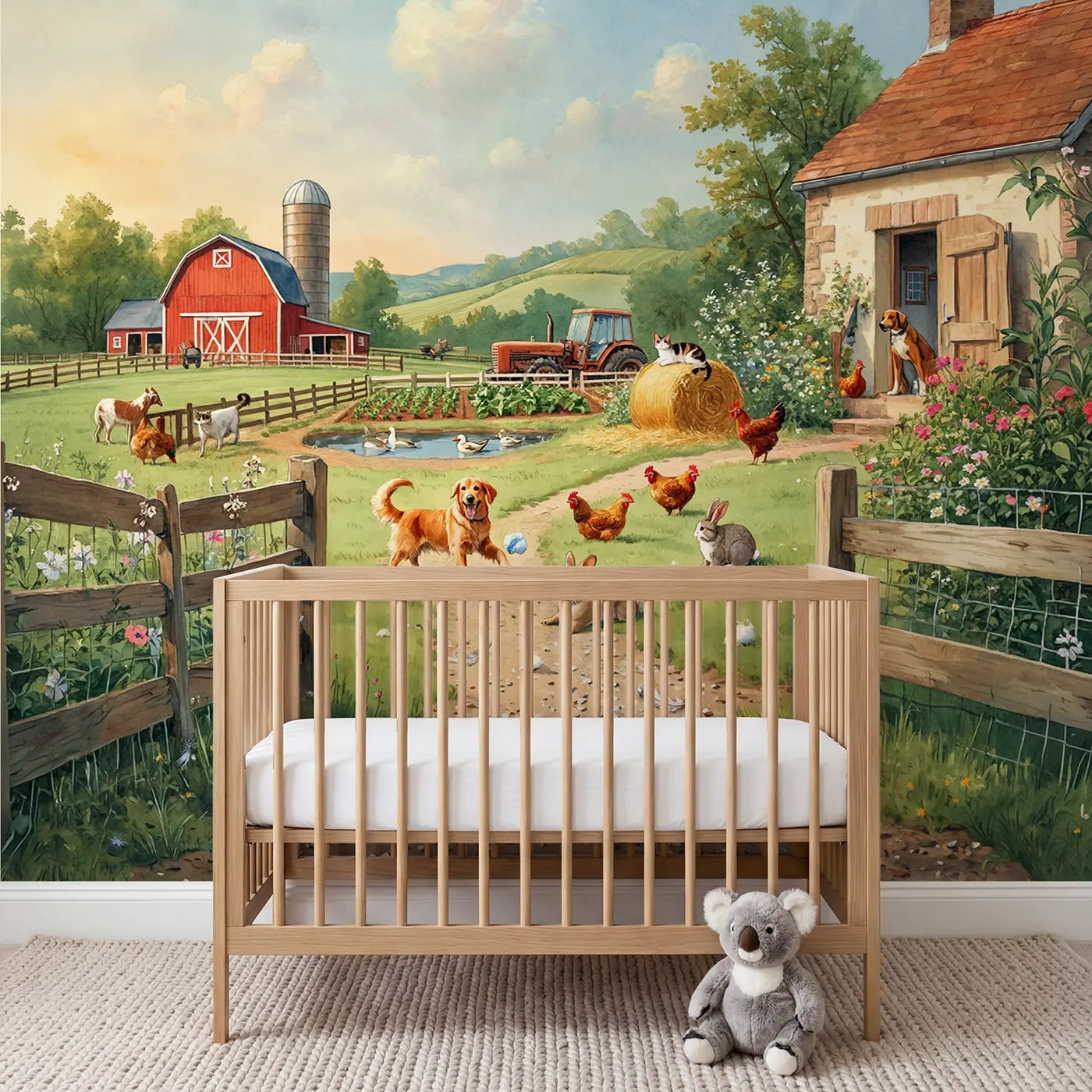 Watercolor pets visiting farm sunny countryside wallpaper mural for nursery by Whimsy Tots