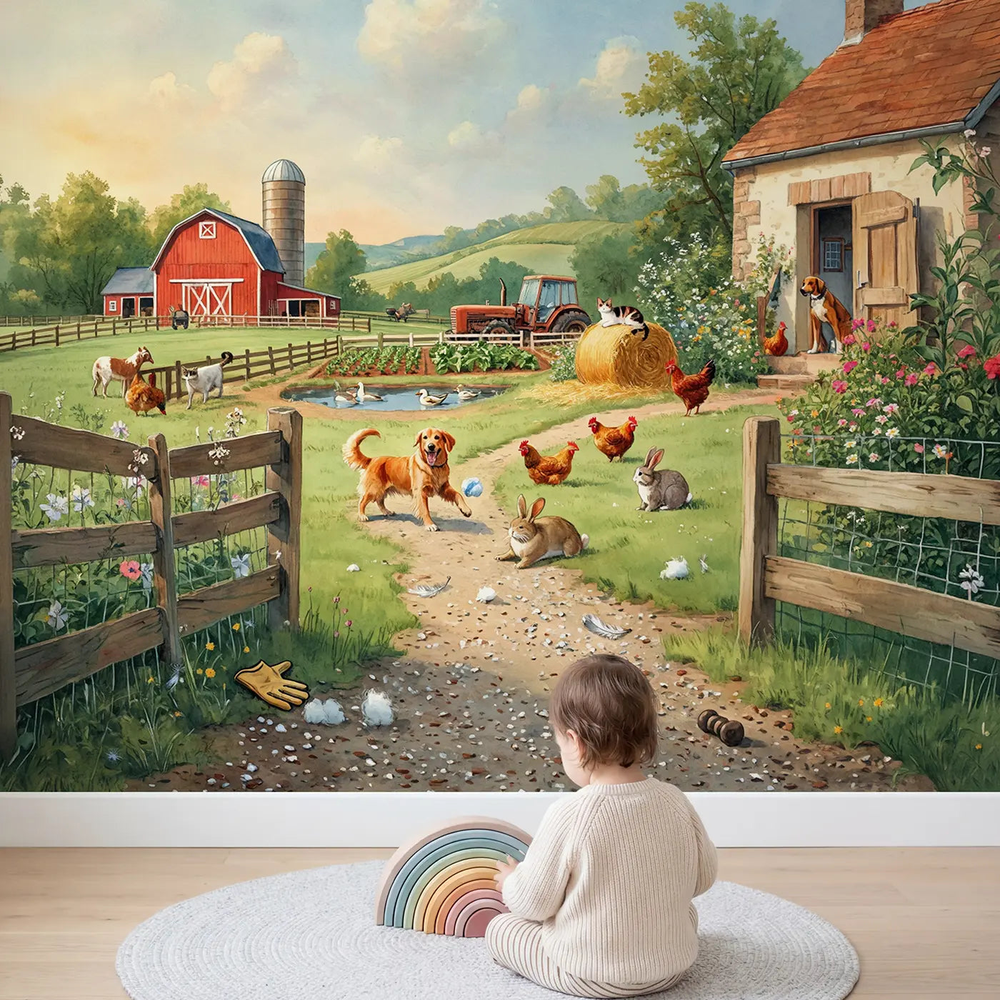 Child in nursery with Farm Visit Country Day Wallpaper Mural by Whimsy Tots