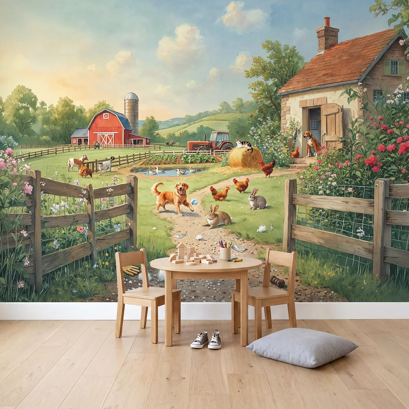 Farm Visit Country Day Wallpaper Mural in playroom setting by Whimsy Tots