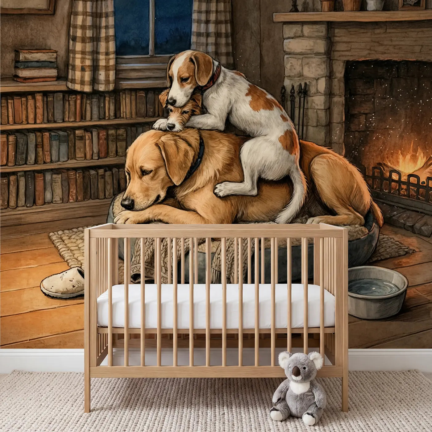 Storybook puppy dog bed bookshelf wallpaper mural for kids room by Whimsy Tots
