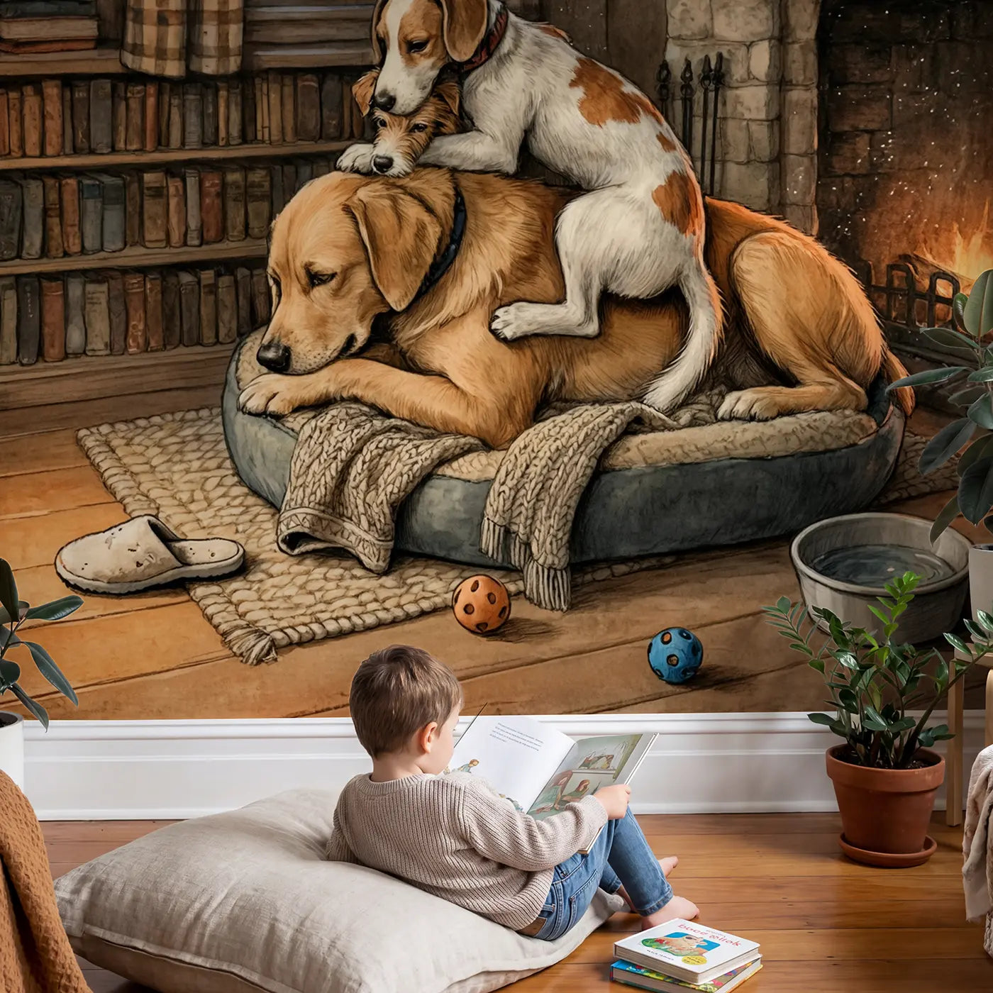 Child in nursery with Cozy Dog Bed Friends Wallpaper Mural by Whimsy Tots