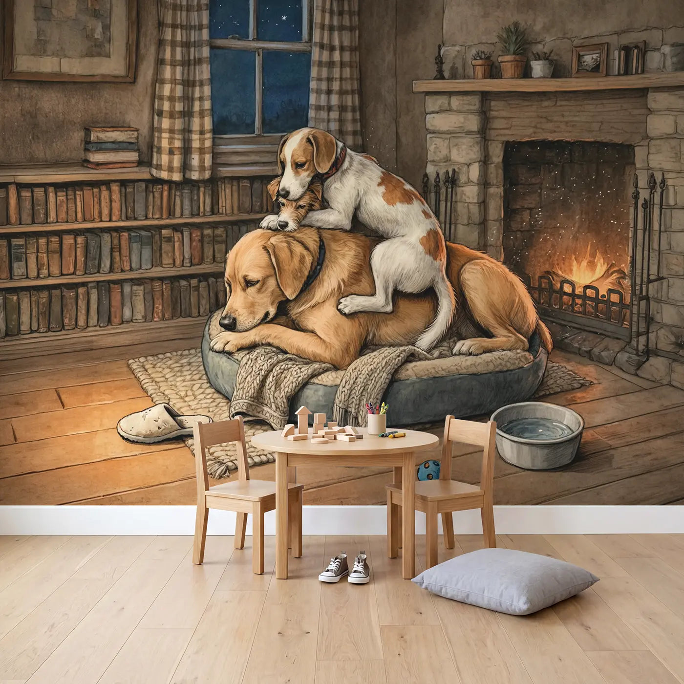 Cozy Dog Bed Friends Wallpaper Mural in playroom setting by Whimsy Tots