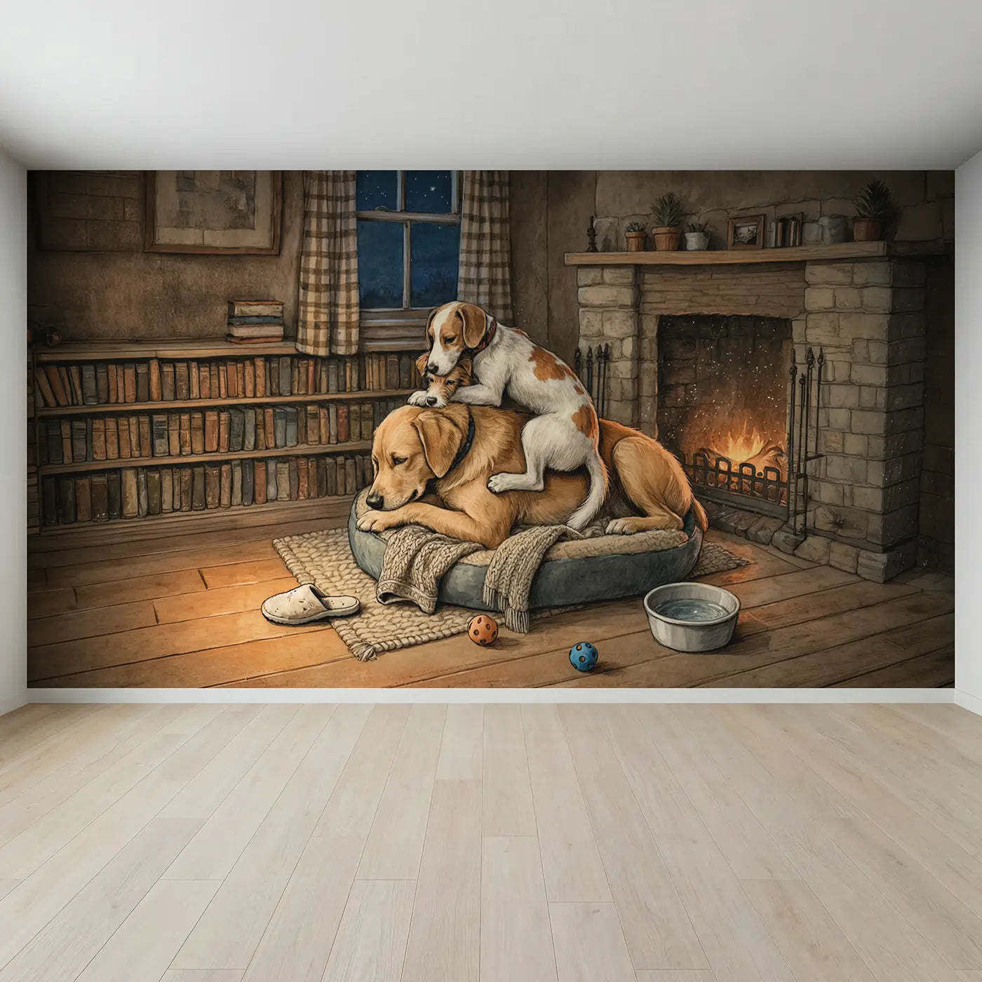 Full view of Cozy Dog Bed Friends Wallpaper Mural by Whimsy Tots