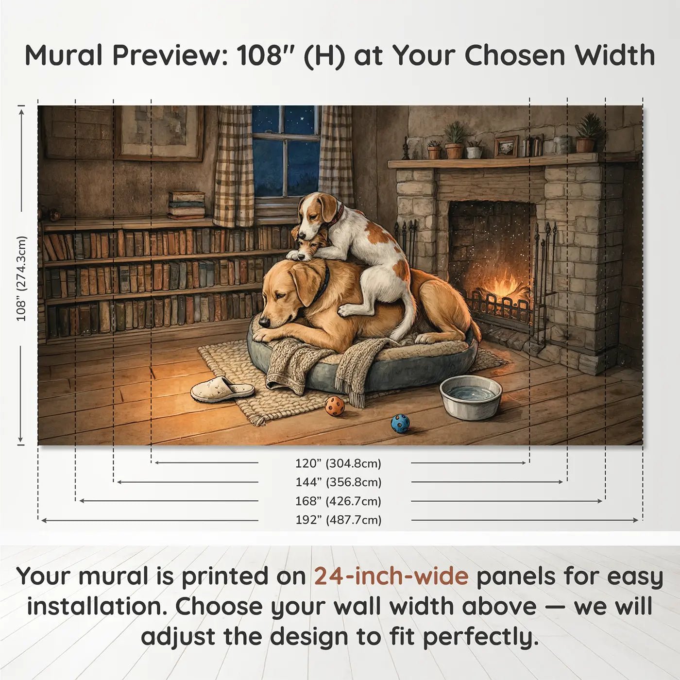 Panel layout and dimensions for Cozy Dog Bed Friends Wallpaper Mural by Whimsy Tots