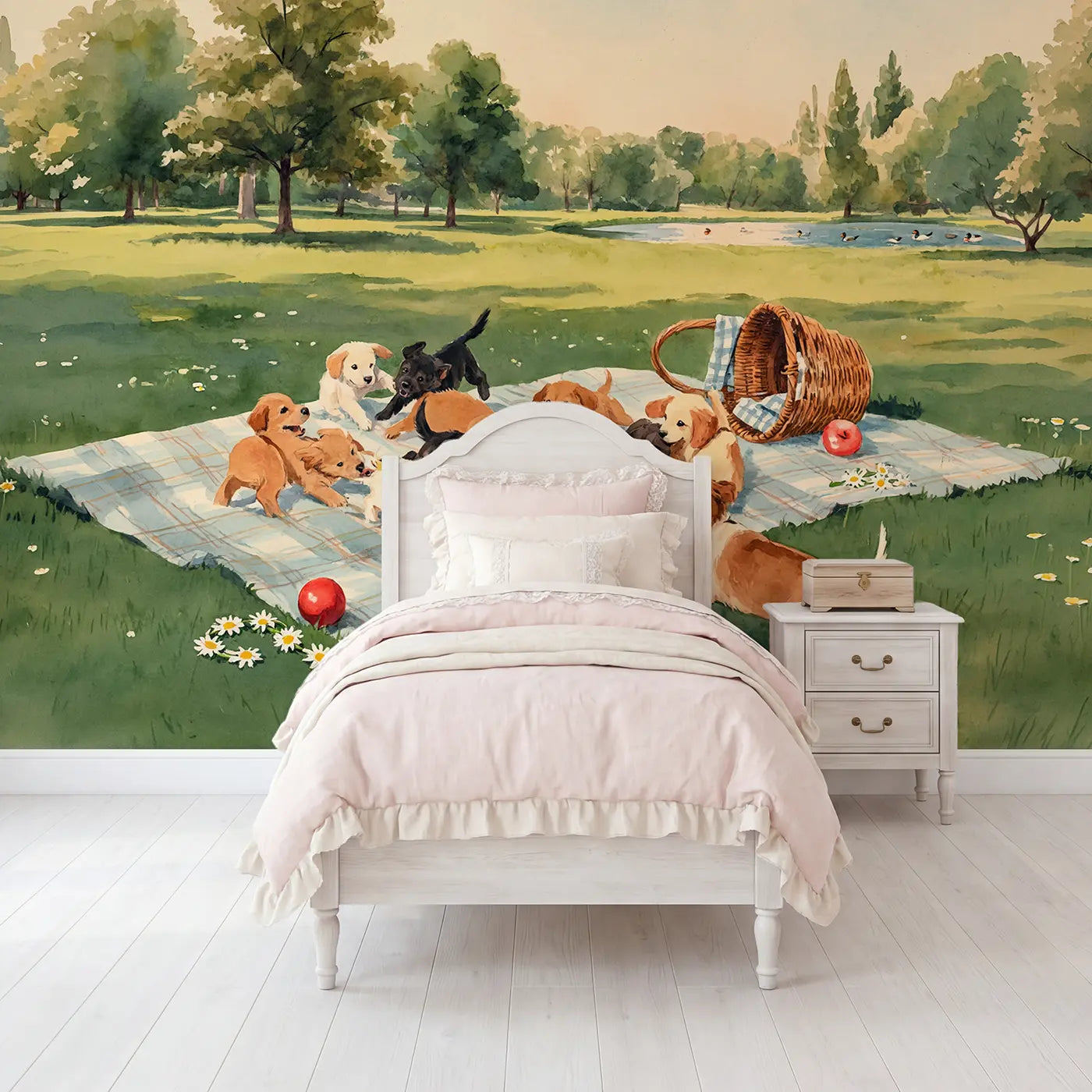 Watercolor puppy picnic park daisy wallpaper mural for girls room by Whimsy Tots