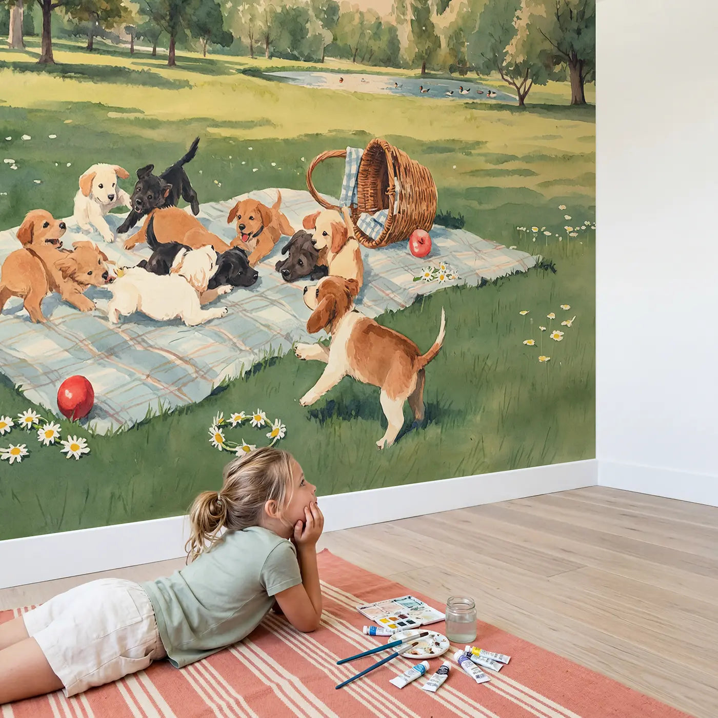 Child in nursery with Puppy Picnic Tumble Wallpaper Mural by Whimsy Tots