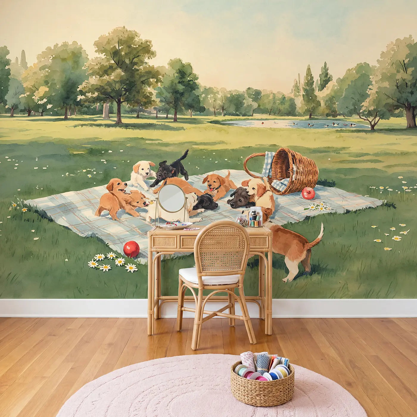 Puppy Picnic Tumble Wallpaper Mural in playroom setting by Whimsy Tots