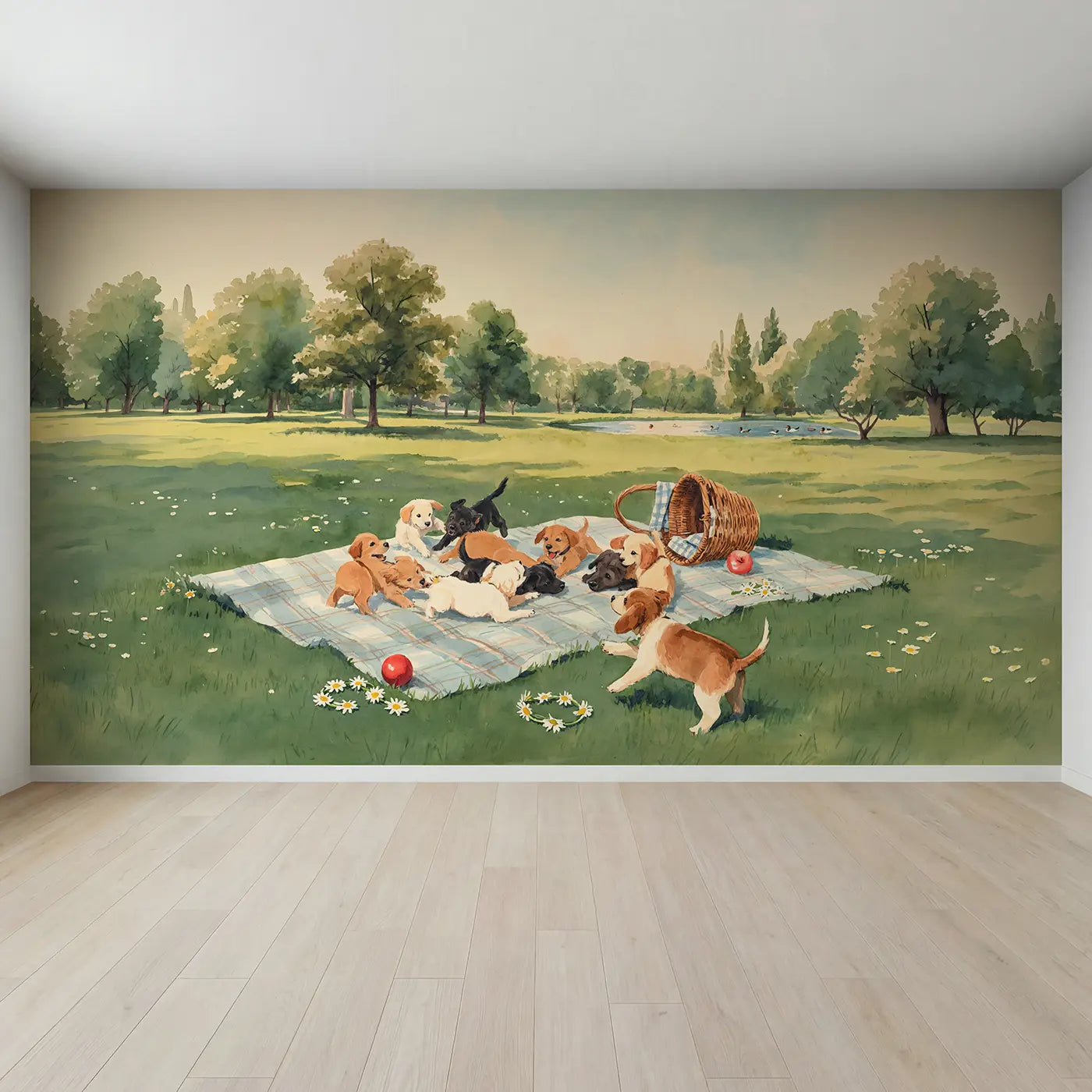 Full view of Puppy Picnic Tumble Wallpaper Mural by Whimsy Tots
