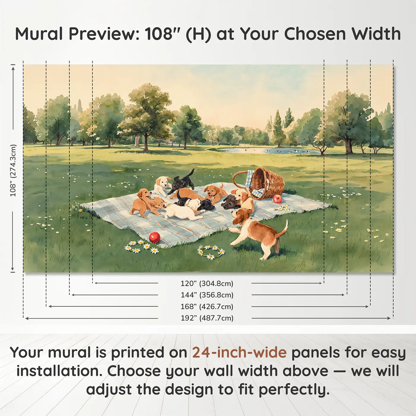 Panel layout and dimensions for Puppy Picnic Tumble Wallpaper Mural by Whimsy Tots