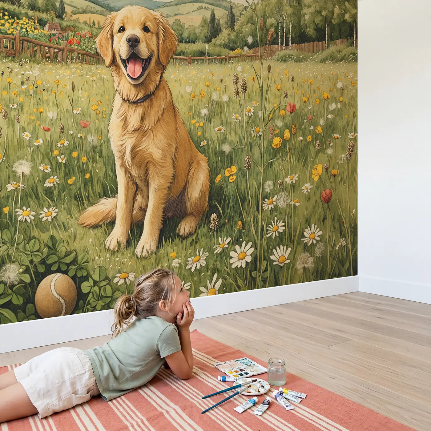 Child in nursery with Happy Retriever Meadow Wallpaper Mural by Whimsy Tots