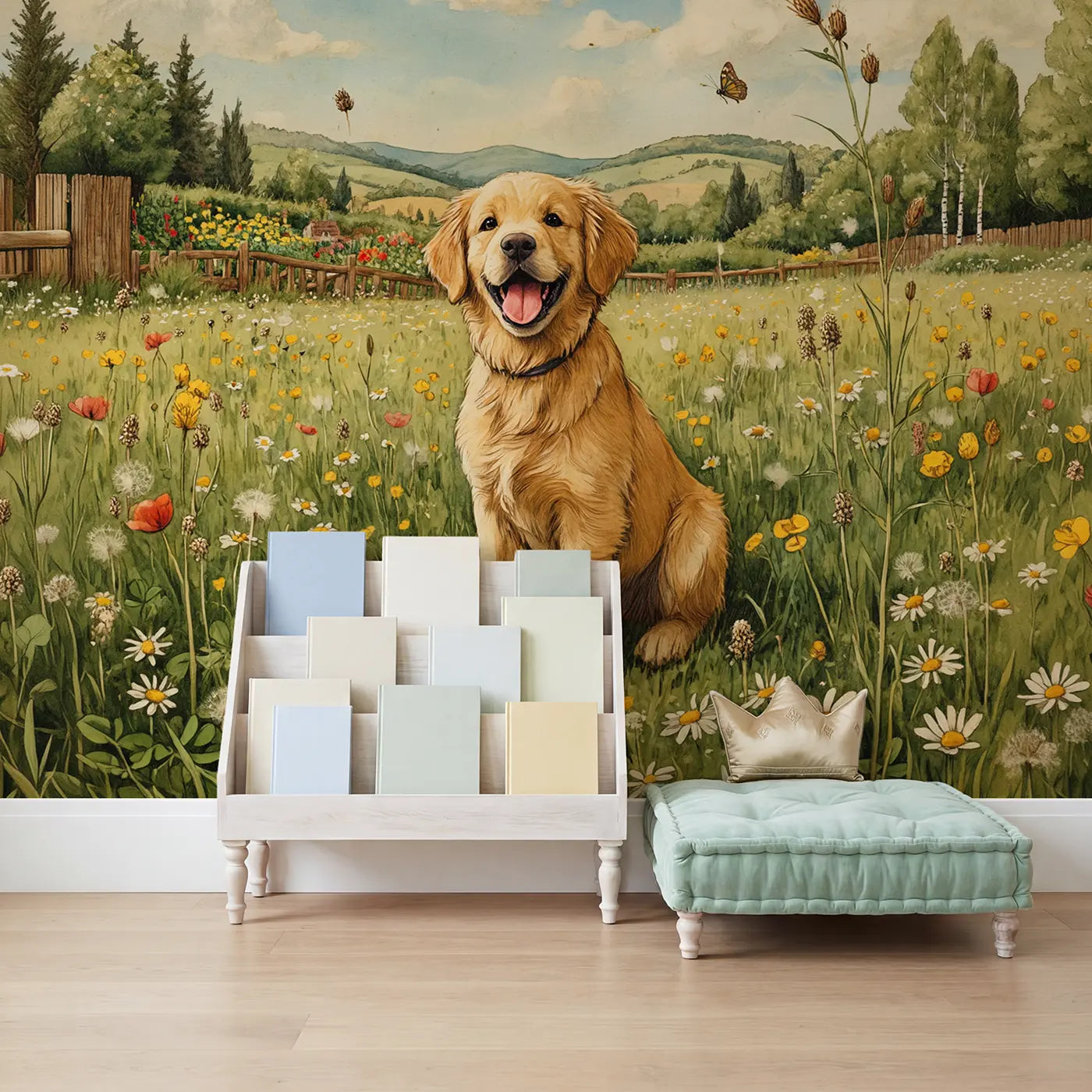 Happy Retriever Meadow Wallpaper Mural in playroom setting by Whimsy Tots