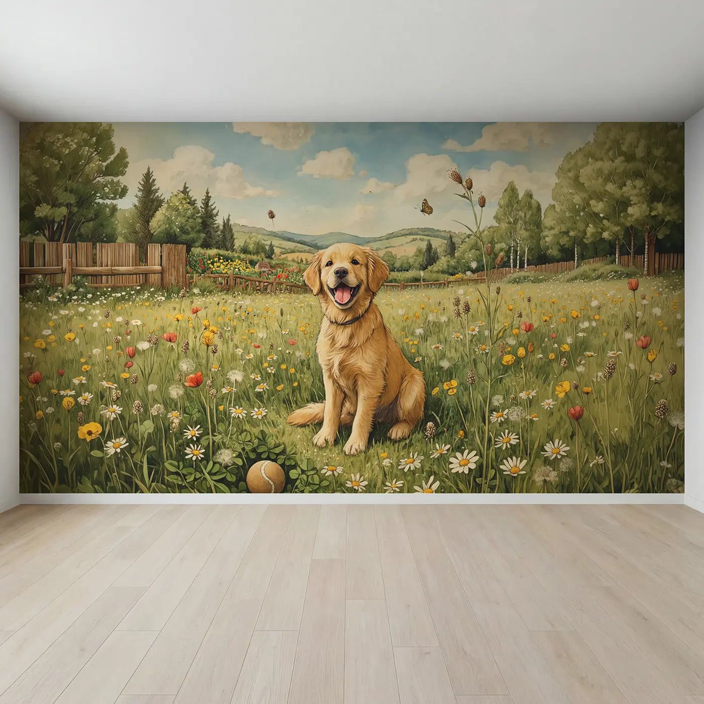 Full view of Happy Retriever Meadow Wallpaper Mural by Whimsy Tots