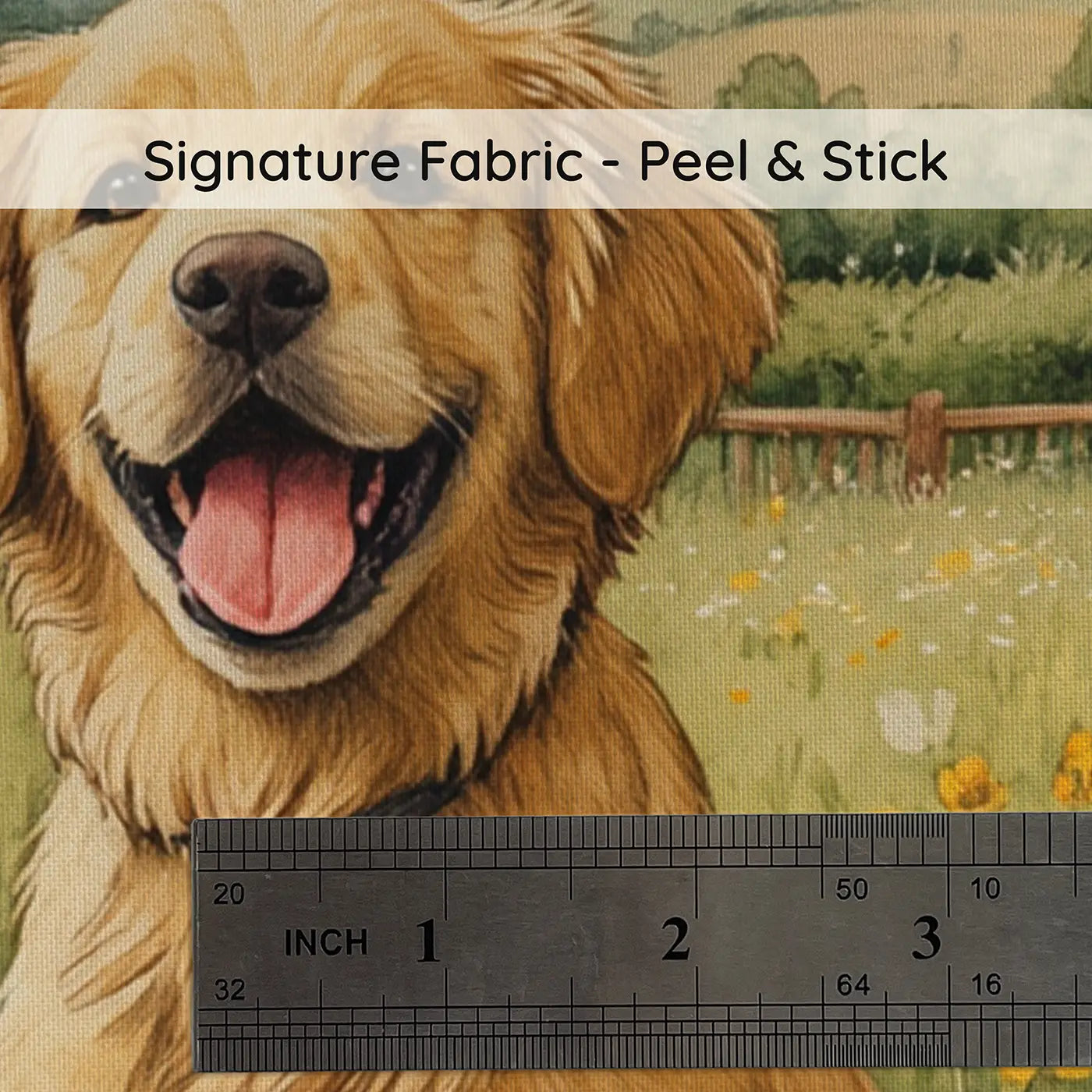Fabric texture close-up of Happy Retriever Meadow Wallpaper Mural by Whimsy Tots