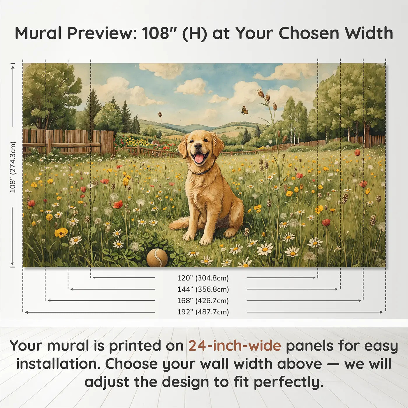 Panel layout and dimensions for Happy Retriever Meadow Wallpaper Mural by Whimsy Tots
