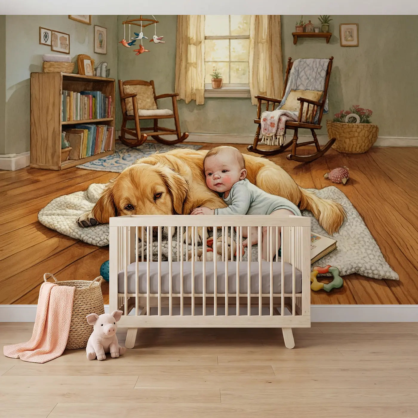 Storybook puppy and baby blanket wallpaper mural for girls room by Whimsy Tots