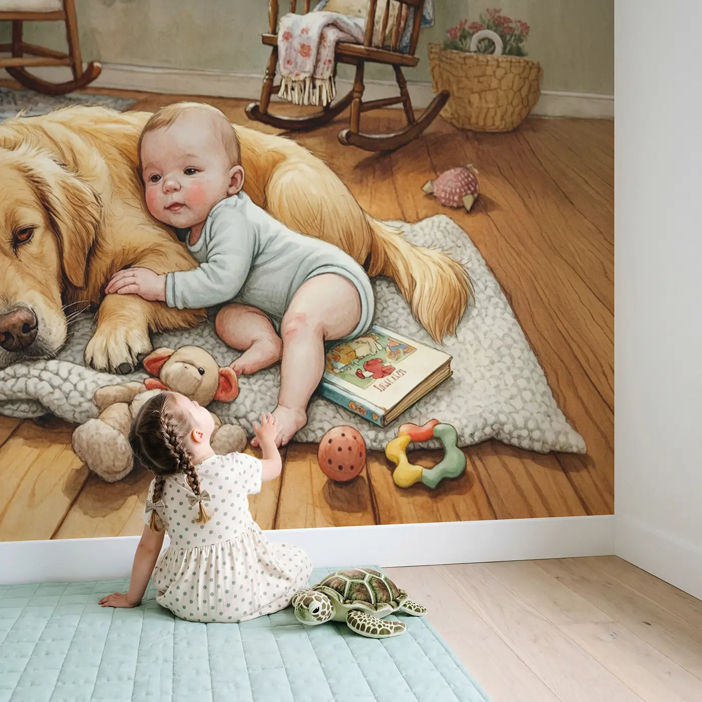 Child in nursery with Baby and Dog Blanket Wallpaper Mural by Whimsy Tots