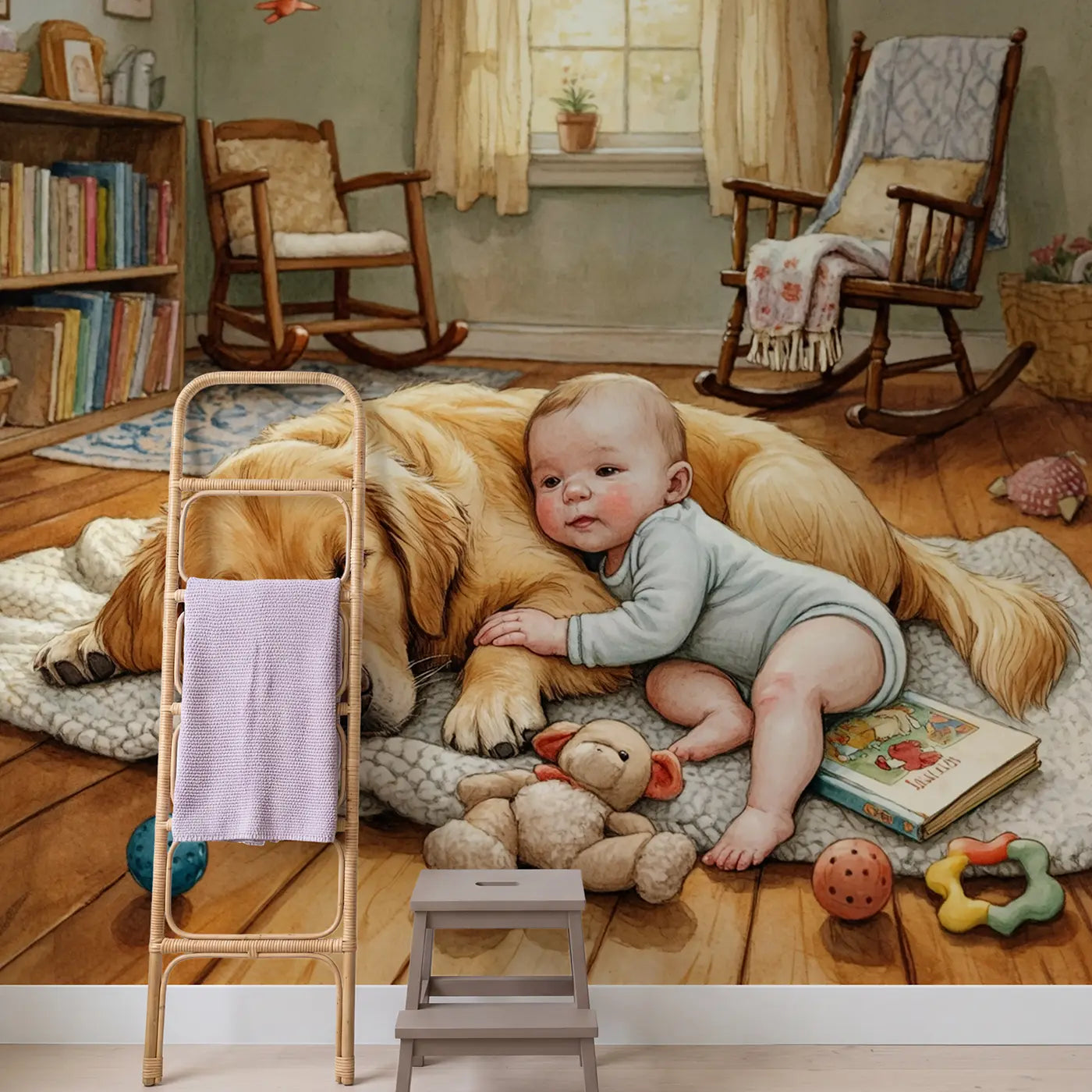 Baby and Dog Blanket Wallpaper Mural in playroom setting by Whimsy Tots