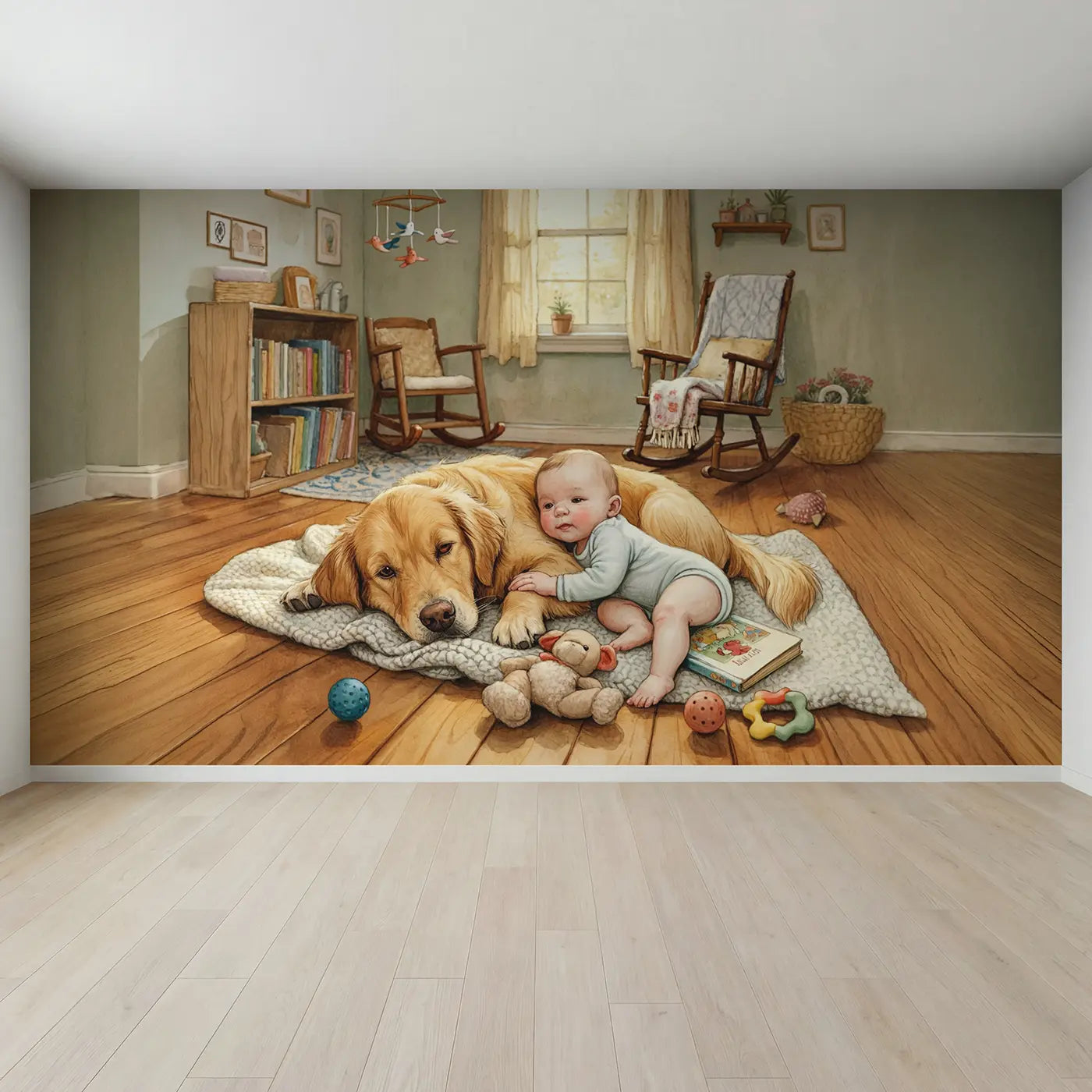 Full view of Baby and Dog Blanket Wallpaper Mural by Whimsy Tots