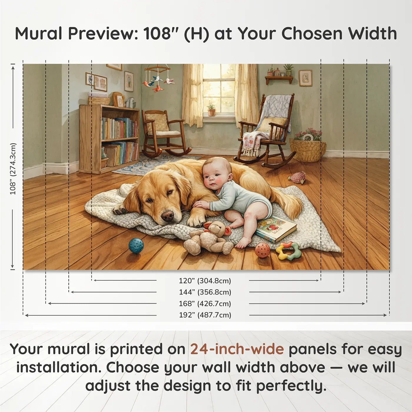 Panel layout and dimensions for Baby and Dog Blanket Wallpaper Mural by Whimsy Tots
