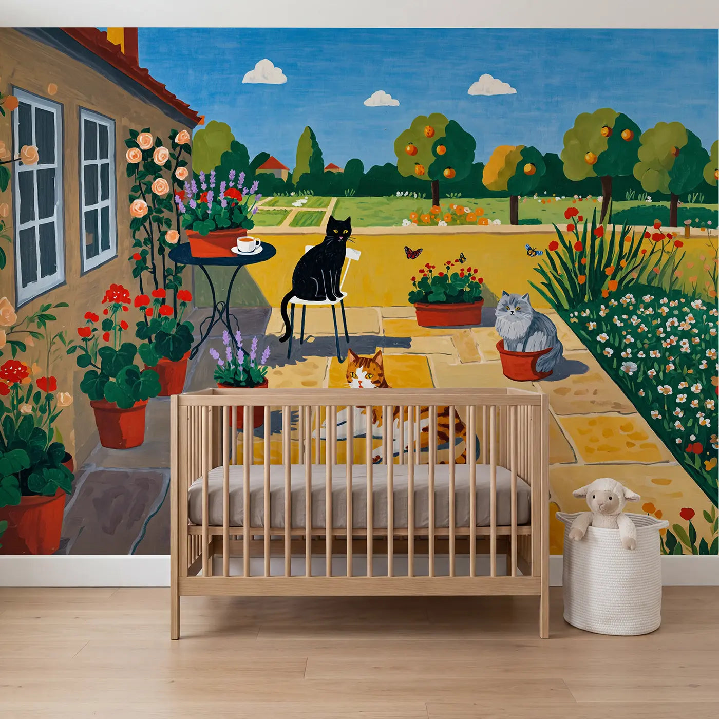 Modern illustration garden cats sunny spot wallpaper mural for nursery by Whimsy Tots