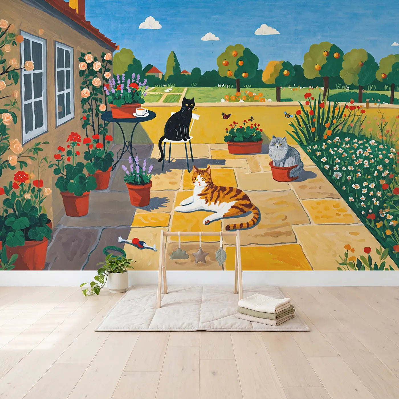 Garden Cats Sunny Spot Wallpaper Mural in playroom setting by Whimsy Tots