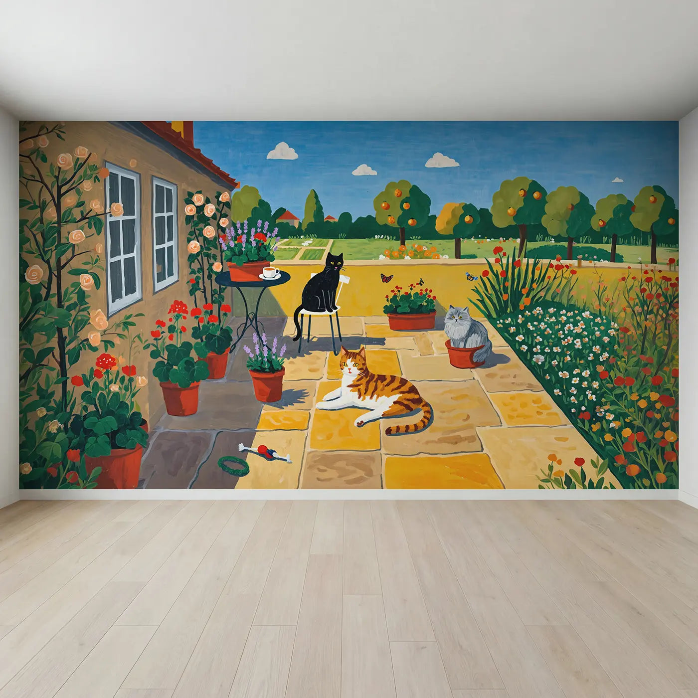 Full view of Garden Cats Sunny Spot Wallpaper Mural by Whimsy Tots