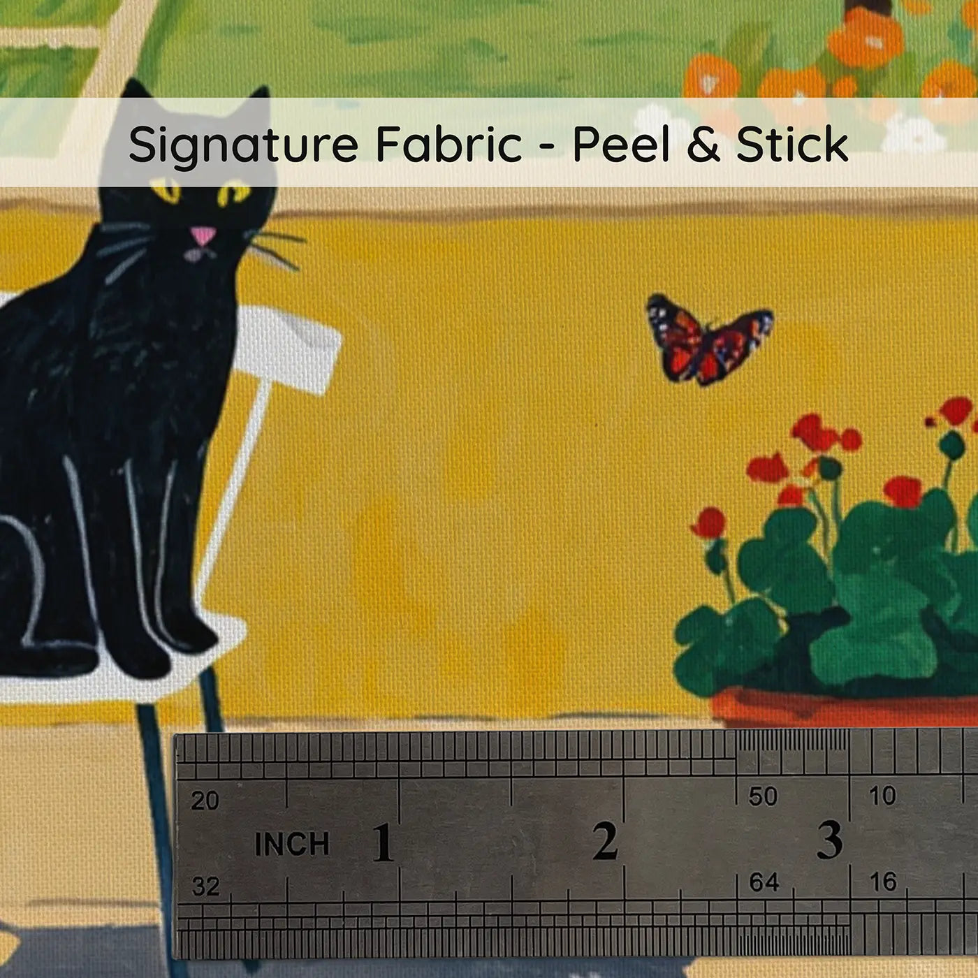 Fabric texture close-up of Garden Cats Sunny Spot Wallpaper Mural by Whimsy Tots