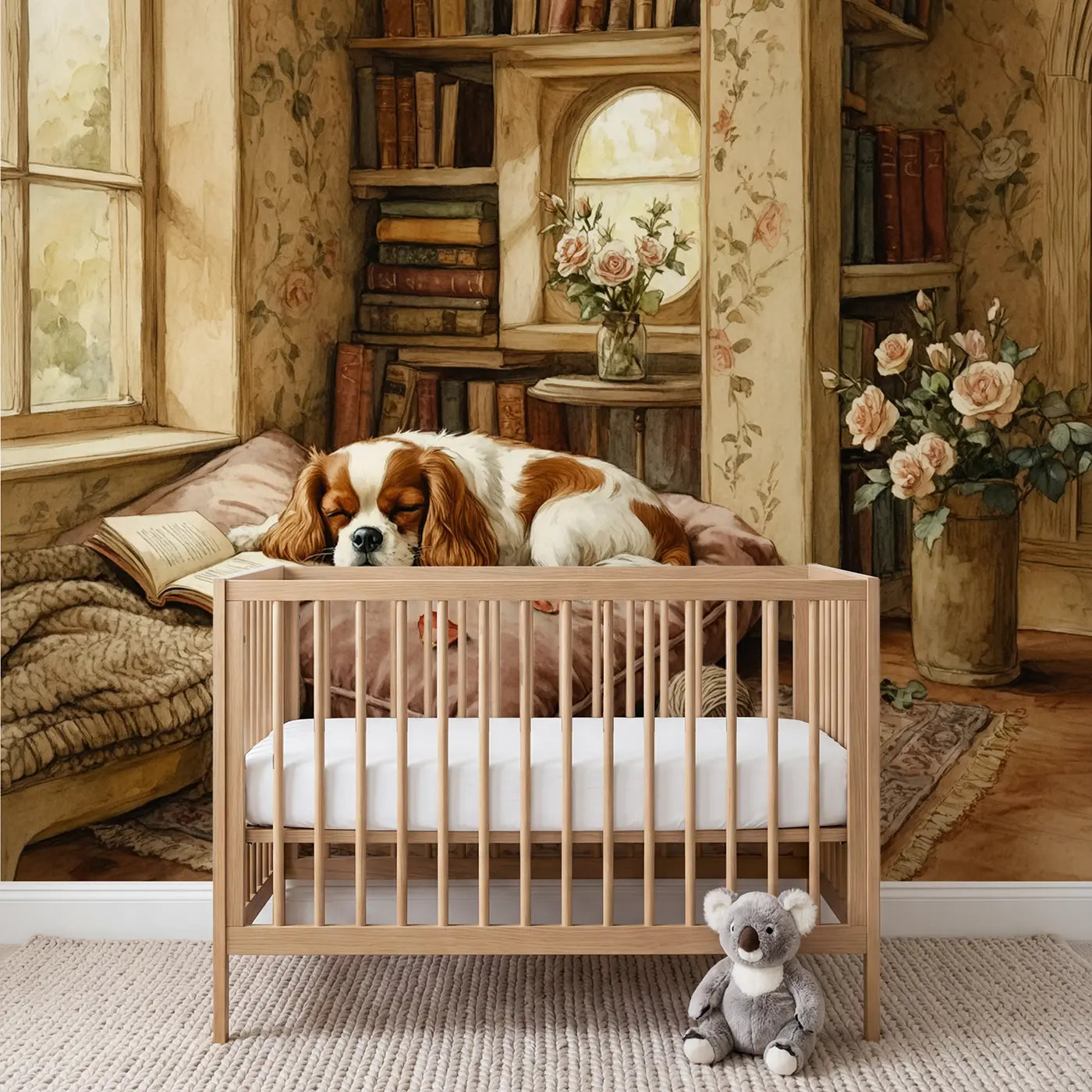 Storybook sleeping cavalier puppy wallpaper mural for nursery by Whimsy Tots