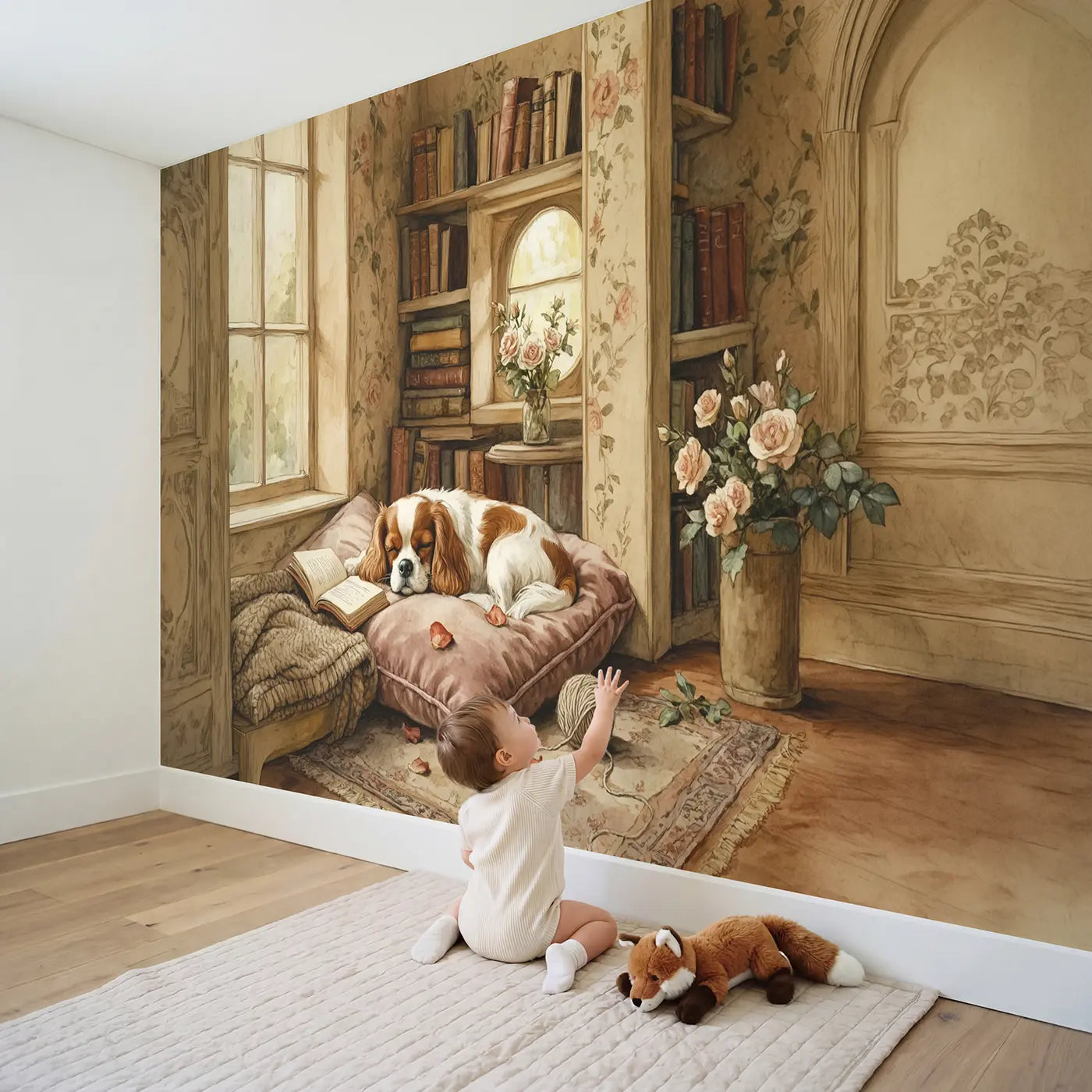 Child in nursery with Sleeping Cavalier on Velvet Wallpaper Mural by Whimsy Tots