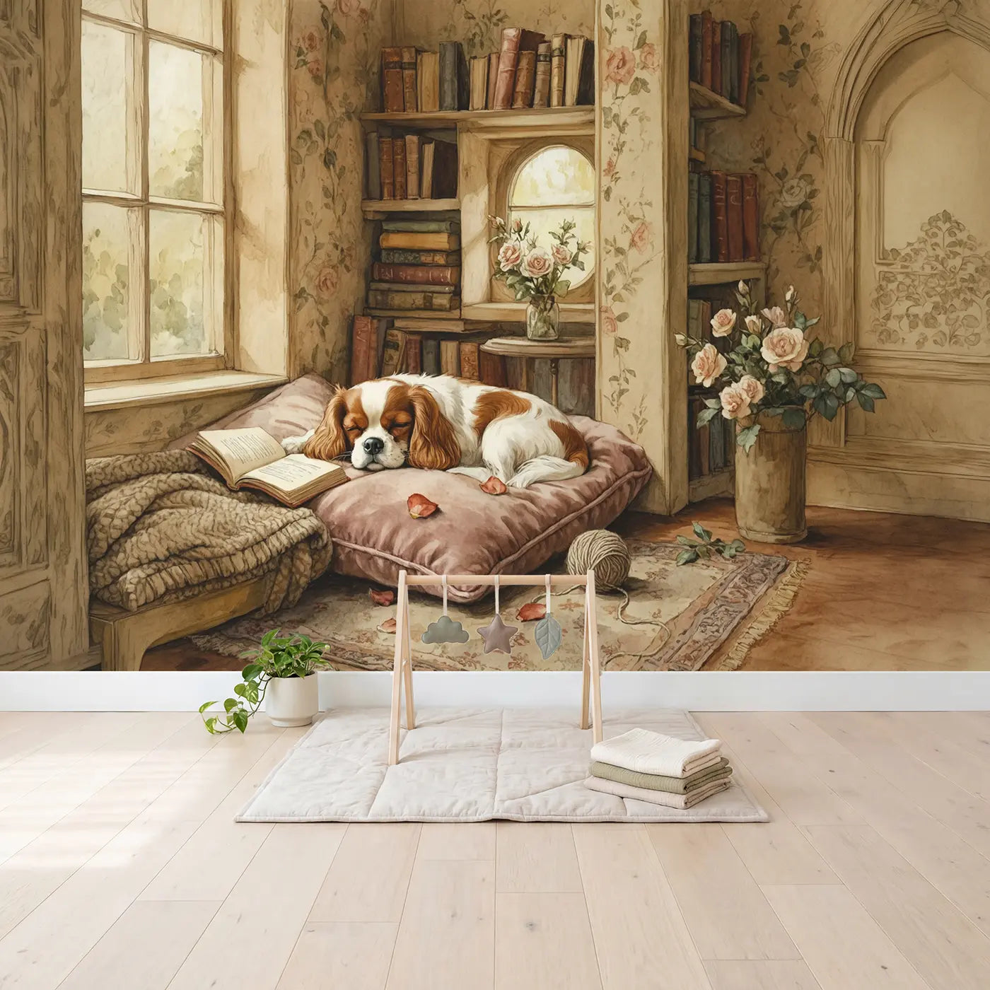 Sleeping Cavalier on Velvet Wallpaper Mural in playroom setting by Whimsy Tots