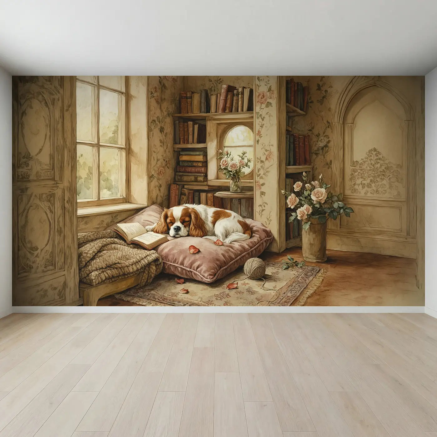 Full view of Sleeping Cavalier on Velvet Wallpaper Mural by Whimsy Tots