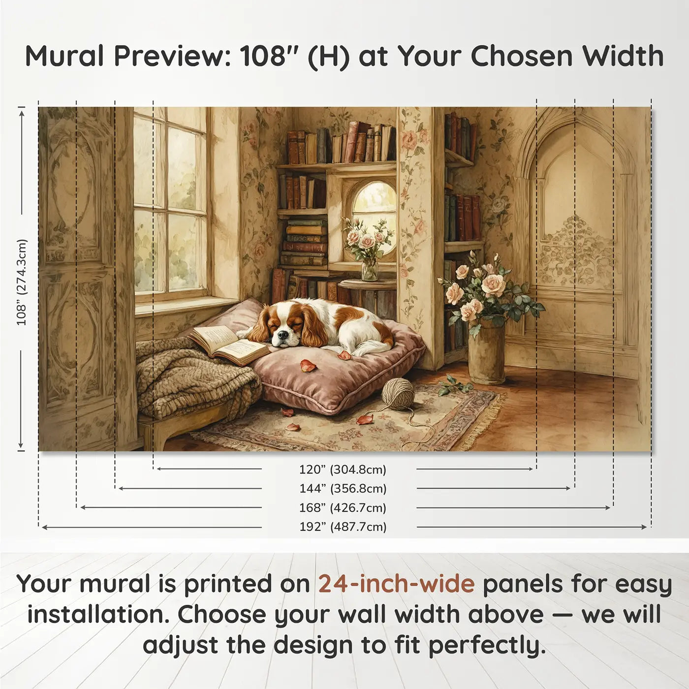 Panel layout and dimensions for Sleeping Cavalier on Velvet Wallpaper Mural by Whimsy Tots