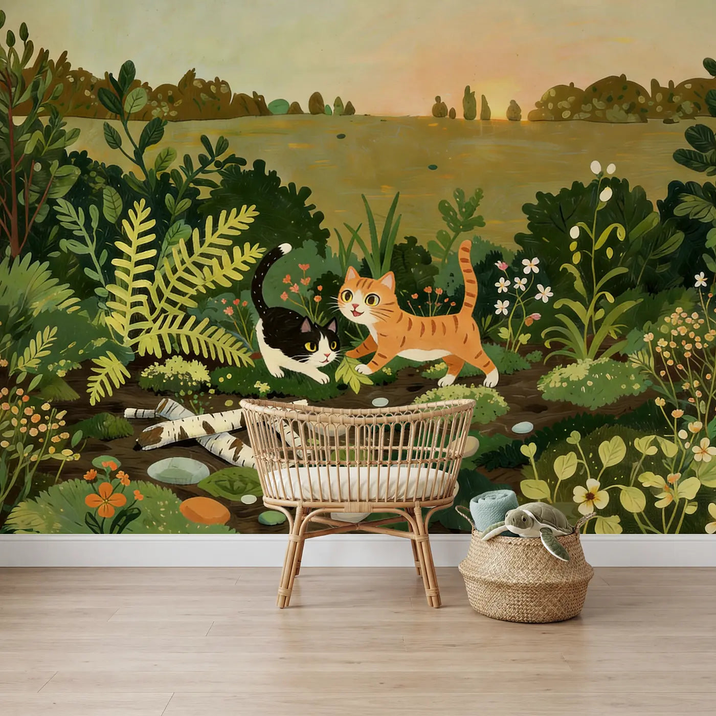 illustrated cat kitten garden stalking wallpaper mural for boys room by Whimsy Tots