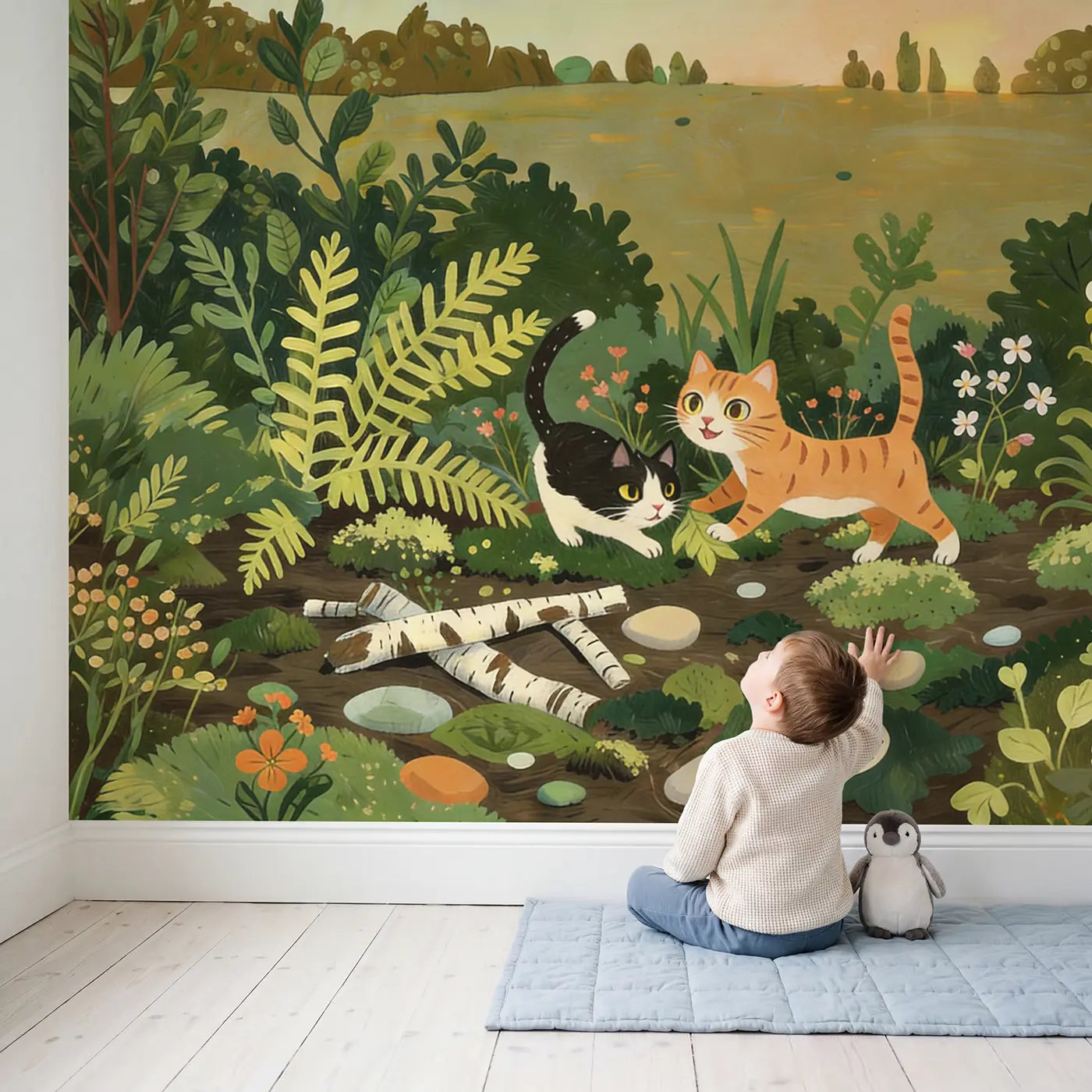 Child in nursery with Cat Teaching Kitten Stalk Wallpaper Mural by Whimsy Tots