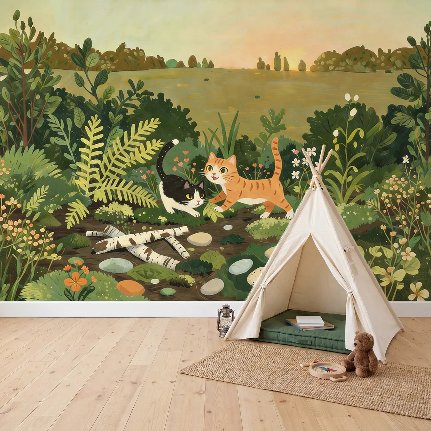 Cat Teaching Kitten Stalk Wallpaper Mural in playroom setting by Whimsy Tots
