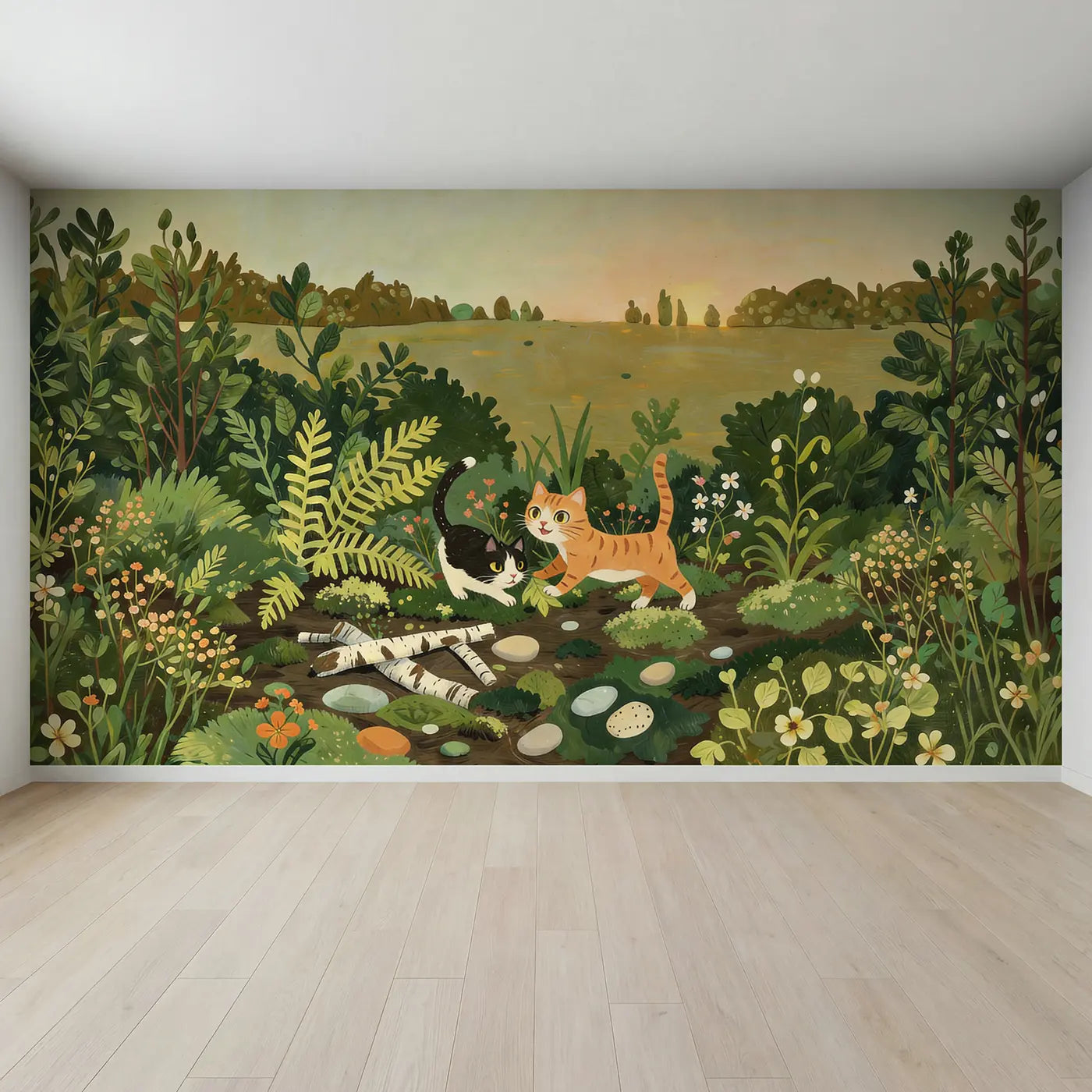 Full view of Cat Teaching Kitten Stalk Wallpaper Mural by Whimsy Tots