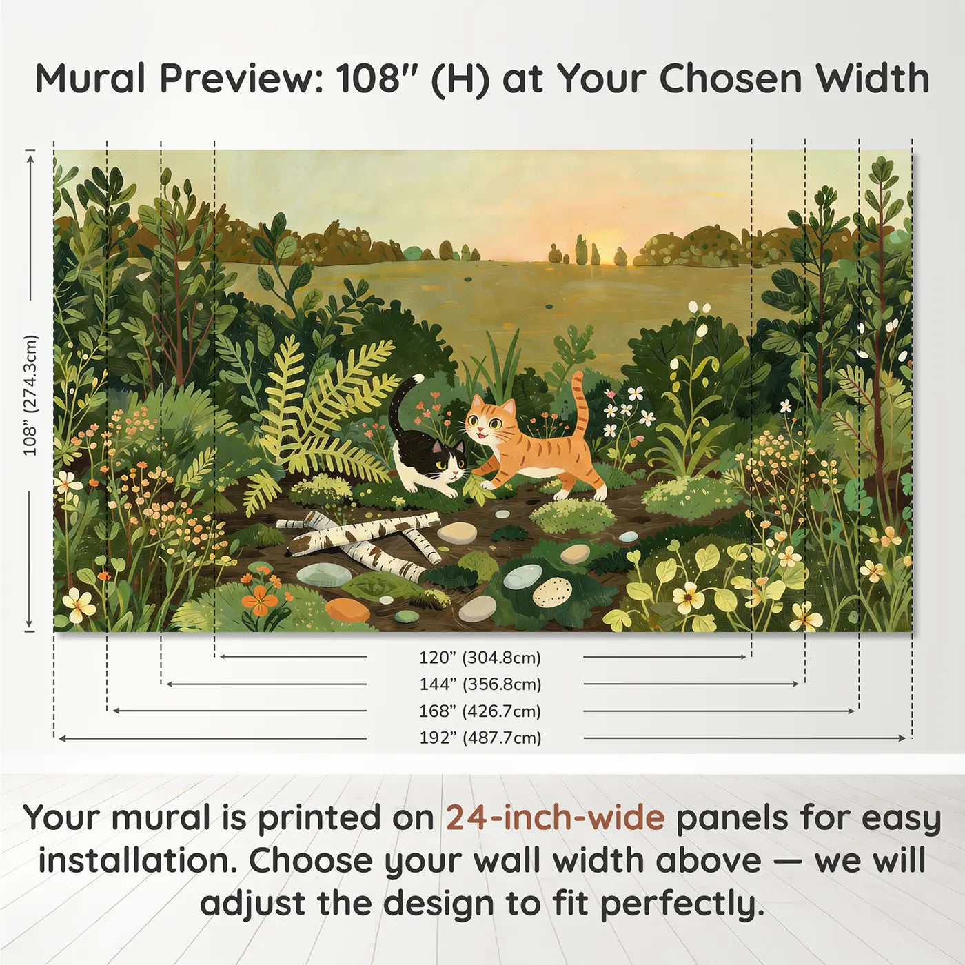 Panel layout and dimensions for Cat Teaching Kitten Stalk Wallpaper Mural by Whimsy Tots