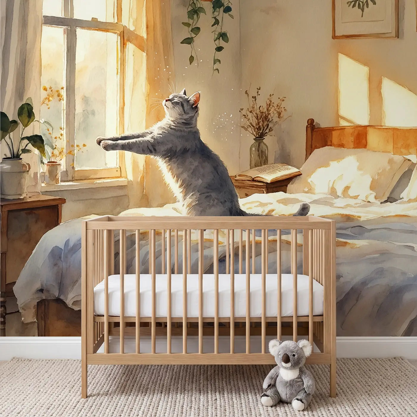 Watercolor cat morning stretch garden wallpaper mural for nursery by Whimsy Tots